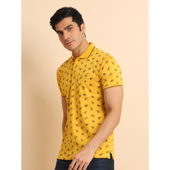 Mayawye Men's Casual Cotton Printed Polo Neck Half Sleeve T-Shirt (Mustard)