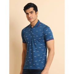 Mayawye Men's Casual Cotton Printed Polo Neck Half Sleeve T-Shirt (Blue)