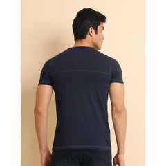 Mayawye Men's Casual Cotton Solid Round Neck Half Sleeve T-Shirt (Navy)