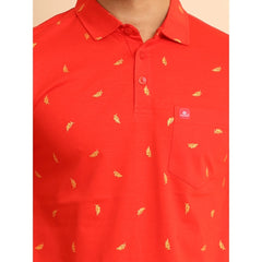 Mayawye Men's Casual Cotton Printed Polo Neck Half Sleeve T-Shirt (Red)