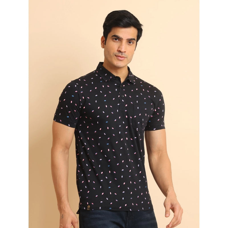 Mayawye Men's Casual Cotton Printed Polo Neck Half Sleeve T-Shirt (Black)