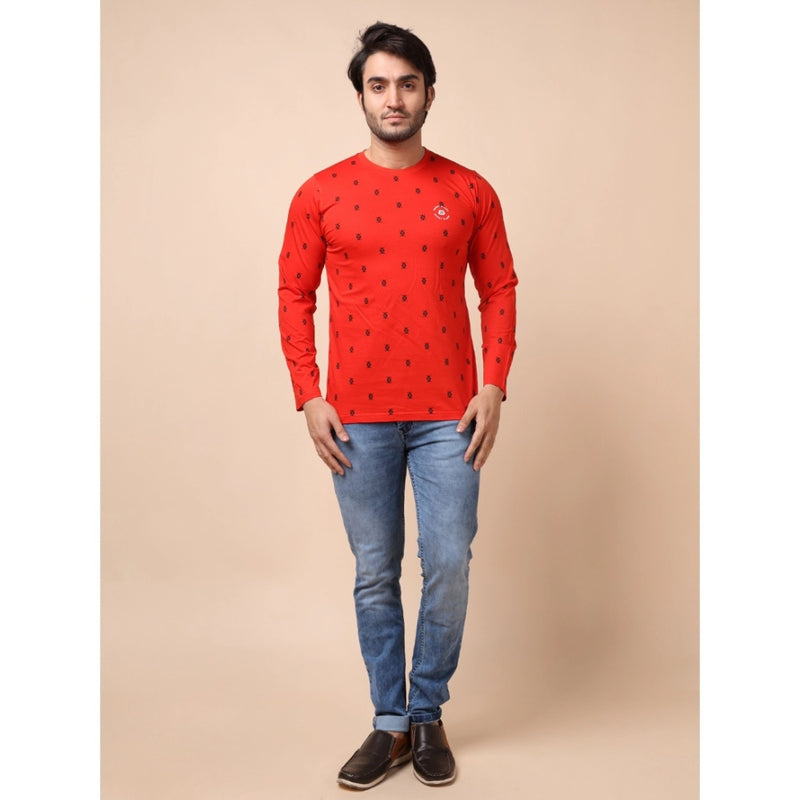 Mayawye Men's Casual Cotton Printed Round Neck Full Sleeve T-Shirt (Red)
