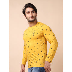 Mayawye Men's Casual Cotton Printed Round Neck Full Sleeve T-Shirt (Mustard)