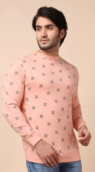 Mayawye Men's Casual Cotton Printed Round Neck Full Sleeve Sweat T-Shirt (Peach)