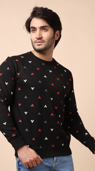 Mayawye Men's Casual Cotton Printed Round Neck Full Sleeve Sweat T-Shirt (Black)