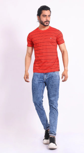 Mayawye Men's Casual Cotton Printed Round Neck Half Sleeve T-Shirt (Red)