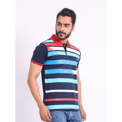 Mayawye Men's Casual Cotton Printed Polo Neck Half Sleeve T-Shirt (Navy)