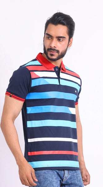 Mayawye Men's Casual Cotton Printed Polo Neck Half Sleeve T-Shirt (Navy)