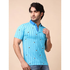 Mayawye Men's Casual Cotton Printed Polo Neck Half Sleeve T-Shirt (Skyblue)