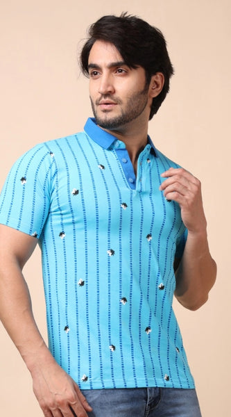 Mayawye Men's Casual Cotton Printed Polo Neck Half Sleeve T-Shirt (Skyblue)