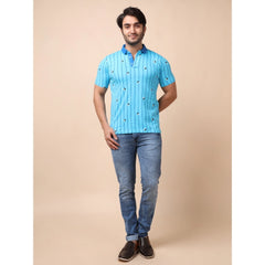 Mayawye Men's Casual Cotton Printed Polo Neck Half Sleeve T-Shirt (Skyblue)