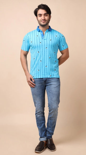 Mayawye Men's Casual Cotton Printed Polo Neck Half Sleeve T-Shirt (Skyblue)