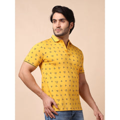 Mayawye Men's Casual Cotton Printed Polo Neck Half Sleeve T-Shirt (Mustard)