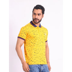 Mayawye Men's Casual Cotton Printed Polo Neck Half Sleeve T-Shirt (Turmeric)