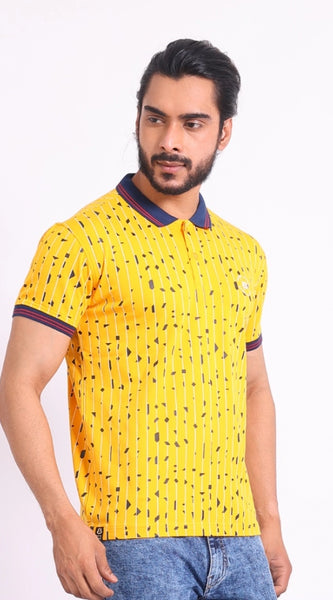 Mayawye Men's Casual Cotton Printed Polo Neck Half Sleeve T-Shirt (Turmeric)