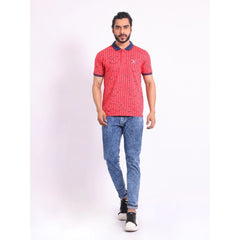 Mayawye Men's Casual Cotton Printed Polo Neck Half Sleeve T-Shirt (Red)