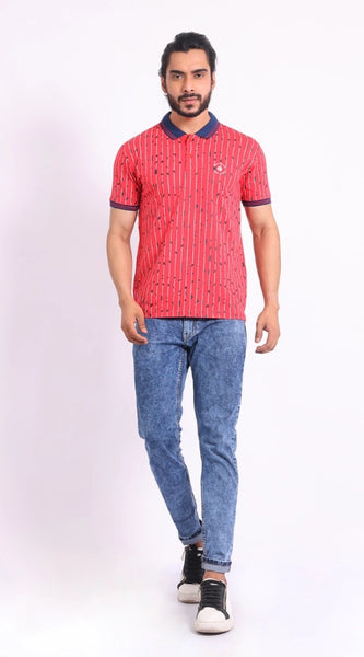 Mayawye Men's Casual Cotton Printed Polo Neck Half Sleeve T-Shirt (Red)