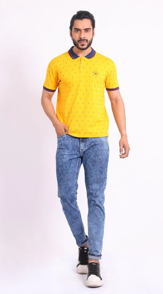 Mayawye Men's Casual Cotton Printed Polo Neck Half Sleeve T-Shirt (Turmeric)
