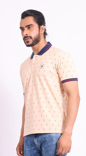 Mayawye Men's Casual Cotton Printed Polo Neck Half Sleeve T-Shirt (Peach)