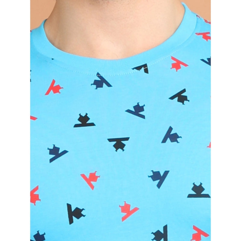 Mayawye Men's Casual Cotton Printed Round Neck Half Sleeve T-Shirt (Skyblue)