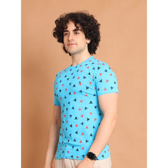 Mayawye Men's Casual Cotton Printed Round Neck Half Sleeve T-Shirt (Skyblue)
