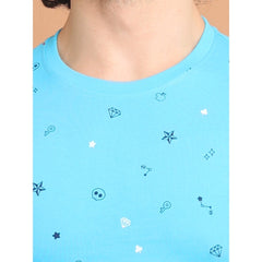 Mayawye Men's Casual Cotton Printed Round Neck Half Sleeve T-Shirt (Skyblue)