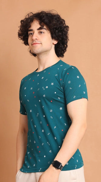 Mayawye Men's Casual Cotton Printed Round Neck Half Sleeve T-Shirt (Green)