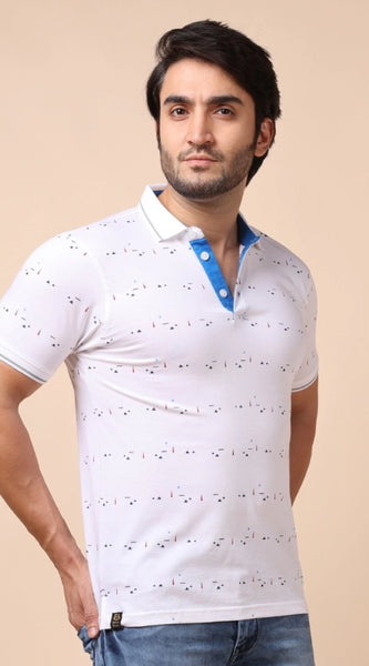 Mayawye Men's Casual Cotton Printed Polo Neck Half Sleeve T-Shirt (White)