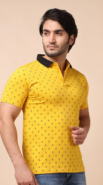 Mayawye Men's Casual Cotton Printed Polo Neck Half Sleeve T-Shirt (Yellow)