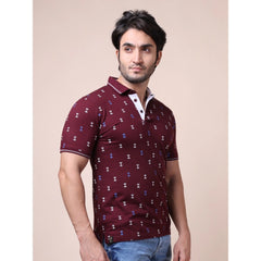 Mayawye Men's Casual Cotton Printed Polo Neck Half Sleeve T-Shirt (Plum)