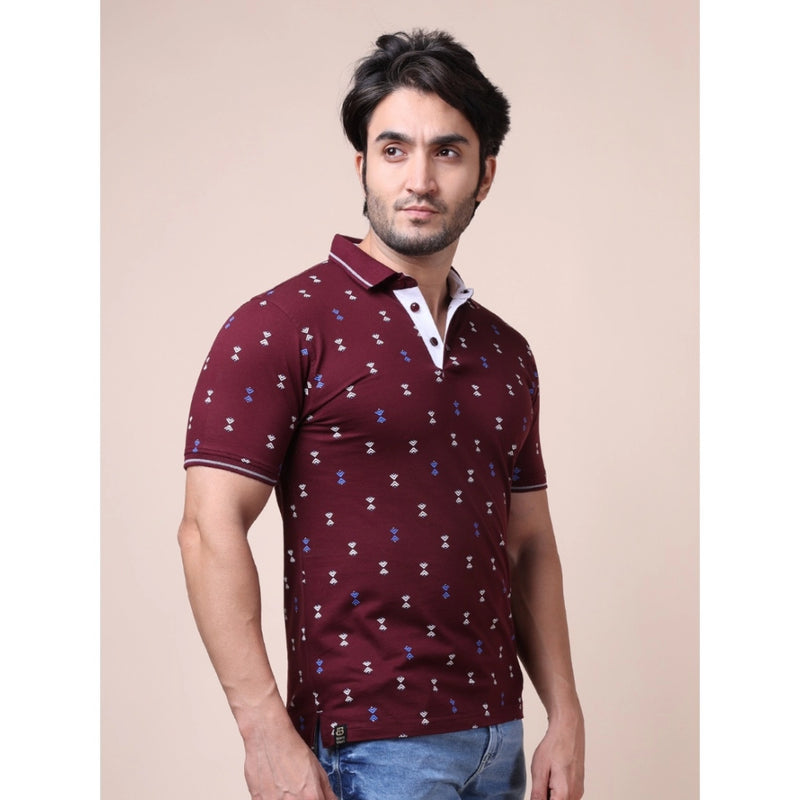 Mayawye Men's Casual Cotton Printed Polo Neck Half Sleeve T-Shirt (Plum)
