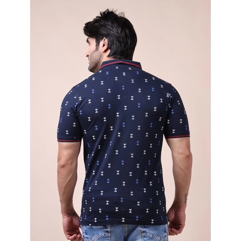 Mayawye Men's Casual Cotton Printed Polo Neck Half Sleeve T-Shirt (Navy)