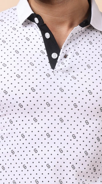 Mayawye Men's Casual Cotton Printed Polo Neck Half Sleeve T-Shirt (White)
