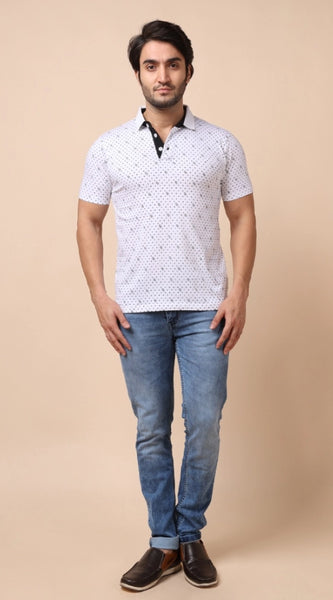 Mayawye Men's Casual Cotton Printed Polo Neck Half Sleeve T-Shirt (White)
