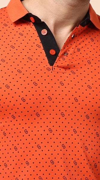 Mayawye Men's Casual Cotton Printed Polo Neck Half Sleeve T-Shirt (Rust)
