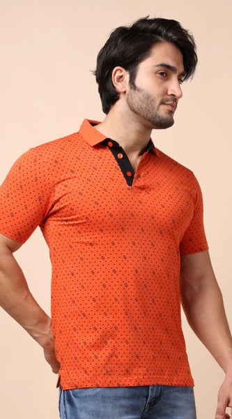 Mayawye Men's Casual Cotton Printed Polo Neck Half Sleeve T-Shirt (Rust)