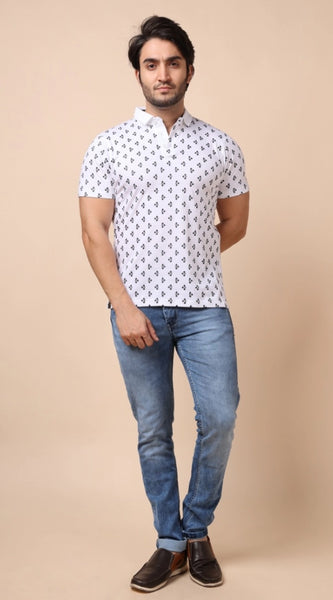 Mayawye Men's Casual Cotton Printed Polo Neck Half Sleeve T-Shirt (White)