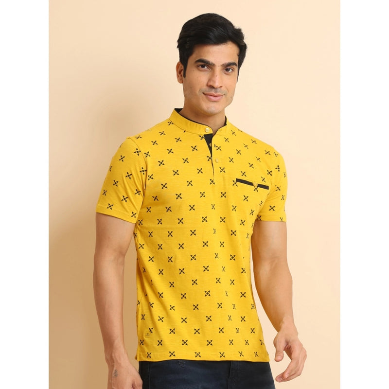 Mayawye Men's Casual Cotton Printed Mandarin Collar Half Sleeve T-Shirt (Mustard)