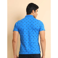 Mayawye Men's Casual Cotton Printed Polo Neck Half Sleeve T-Shirt (Blue)