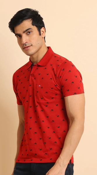Mayawye Men's Casual Cotton Printed Polo Neck Half Sleeve T-Shirt (Red)
