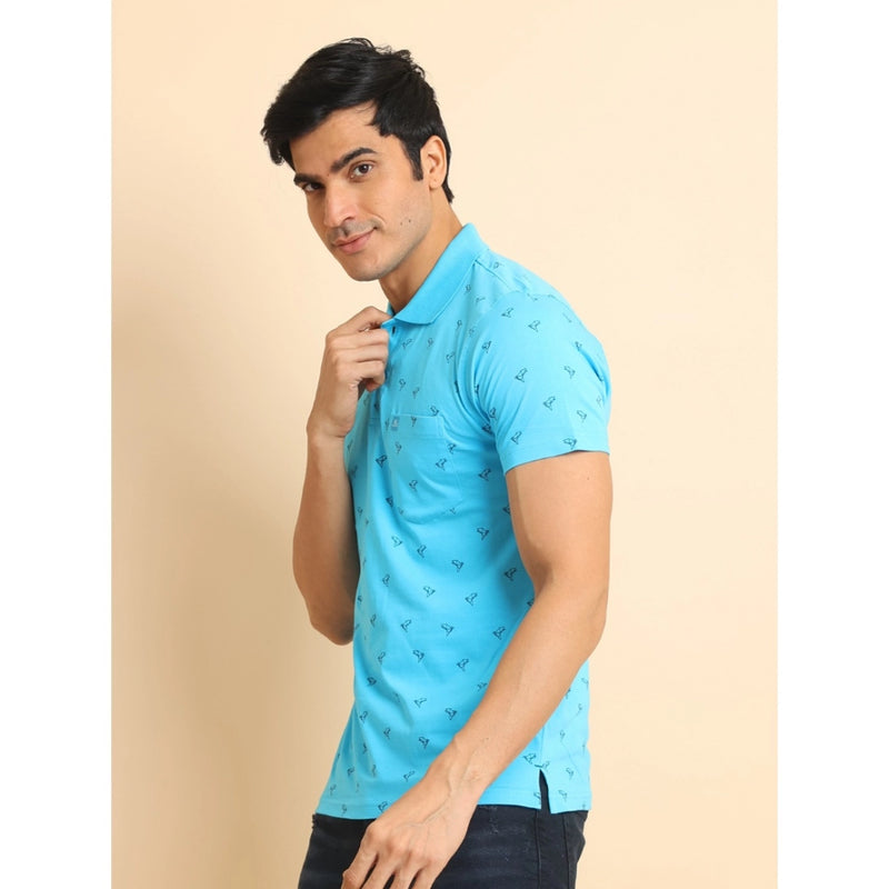 Mayawye Men's Casual Cotton Printed Polo Neck Half Sleeve T-Shirt (Skyblue)