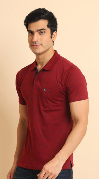 Mayawye Men's Casual Cotton Printed Polo Neck Half Sleeve T-Shirt (Red)