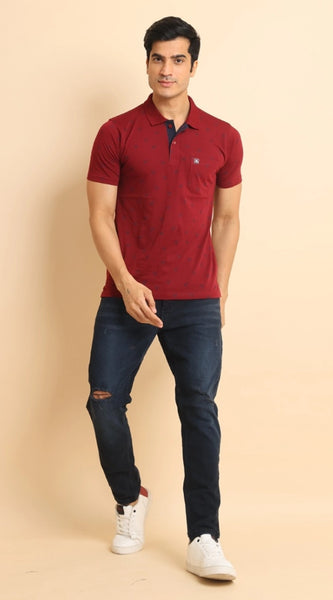Mayawye Men's Casual Cotton Printed Polo Neck Half Sleeve T-Shirt (Red)