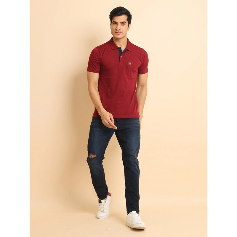 Mayawye Men's Casual Cotton Printed Polo Neck Half Sleeve T-Shirt (Red)