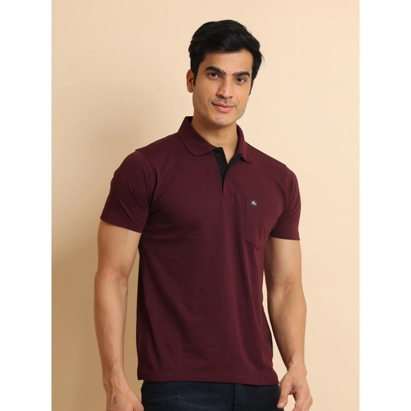 Mayawye Men's Casual Cotton Printed Polo Neck Half Sleeve T-Shirt (Wine)