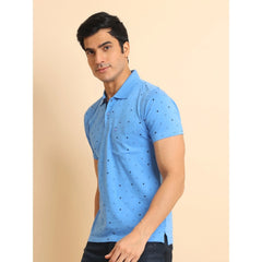 Mayawye Men's Casual Cotton Printed Polo Neck Half Sleeve T-Shirt (Blue)