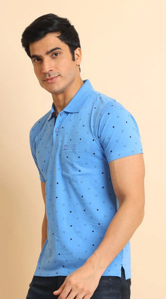 Mayawye Men's Casual Cotton Printed Polo Neck Half Sleeve T-Shirt (Blue)