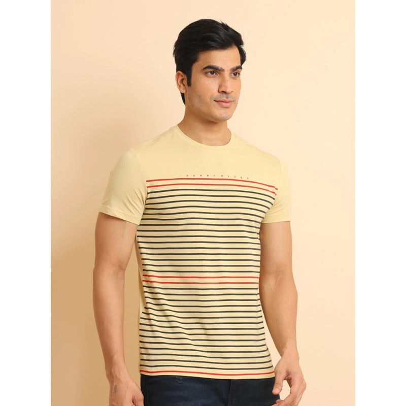 Mayawye Men's Casual Cotton Printed Round Neck Half Sleeve T-Shirt (Beige)