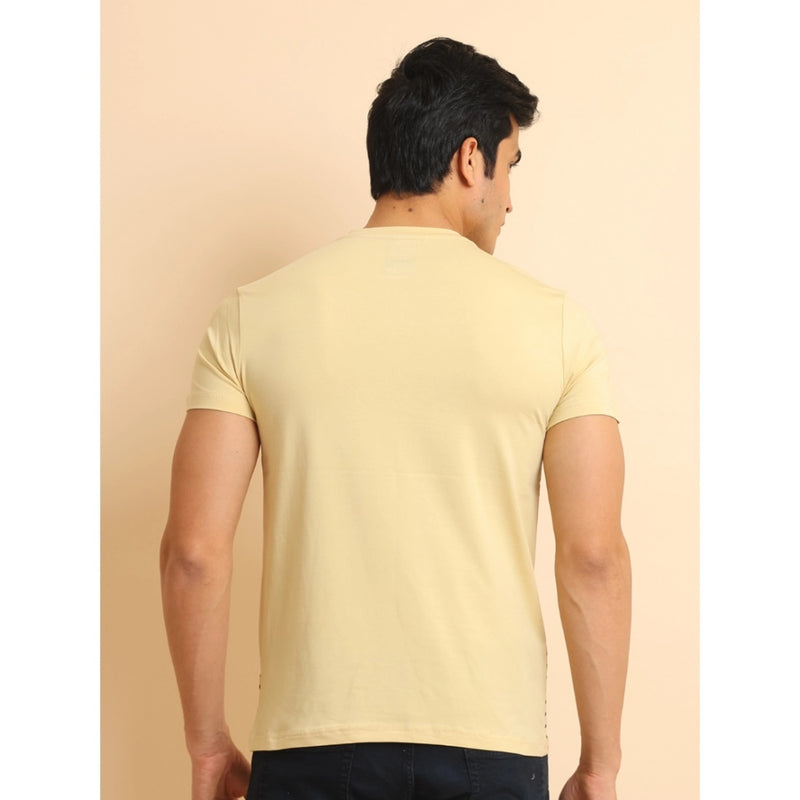 Mayawye Men's Casual Cotton Printed Round Neck Half Sleeve T-Shirt (Beige)