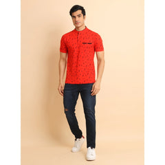 Mayawye Men's Casual Cotton Printed Mandarin Collar Half Sleeve T-Shirt (Red)